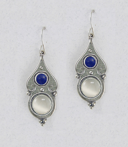 Sterling Silver White Moonstone And Lapis Lazuli Gemstone Drop Dangle Earrings